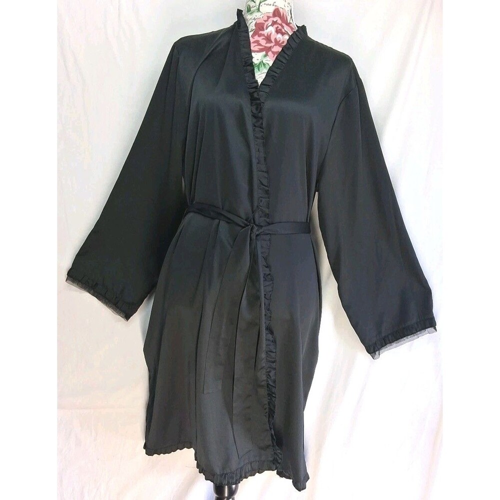 Simply Vera Wang Womens L Black Kimono Robe Sateen Whimsygoth Romantic Sexy